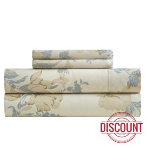 VClife Boho Sheet Sets Queen French Garden Style Beige Tan Floral Branch Bed Sheet Soft Washed Microfiber Sheets
