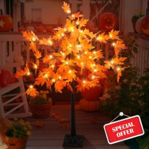 Dehoxara 4FT Prelit Maple Tree Artificial Fall Tree with Acorn Pine Cone 56 LED Autumn Tabletop Lighted Tree for Thanksgiving Harvest Wedding Party Home Indoor Outdoor Decor