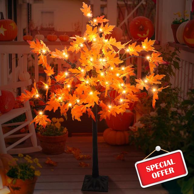 Dehoxara 4FT Prelit Maple Tree Artificial Fall Tree with Acorn Pine Cone 56 LED Autumn Tabletop Lighted Tree for Thanksgiving Harvest Wedding Party Home Indoor Outdoor Decor