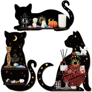 Geetery 3 Pcs Black Cat Crystal Display Shelf with Hanging Hooks Floating Moon Cat Shelf for Crystals Wooden Halloween Cute Wall Shelves Crystal Holder for Stones Display Gothic Wall Decor for Home