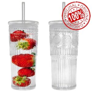 Bandesun All Glass Iced Coffee Cup With Lids and Straws，22 OZ High Borosilicate Glass Tumbler for Water Smoothie Juice Drinks