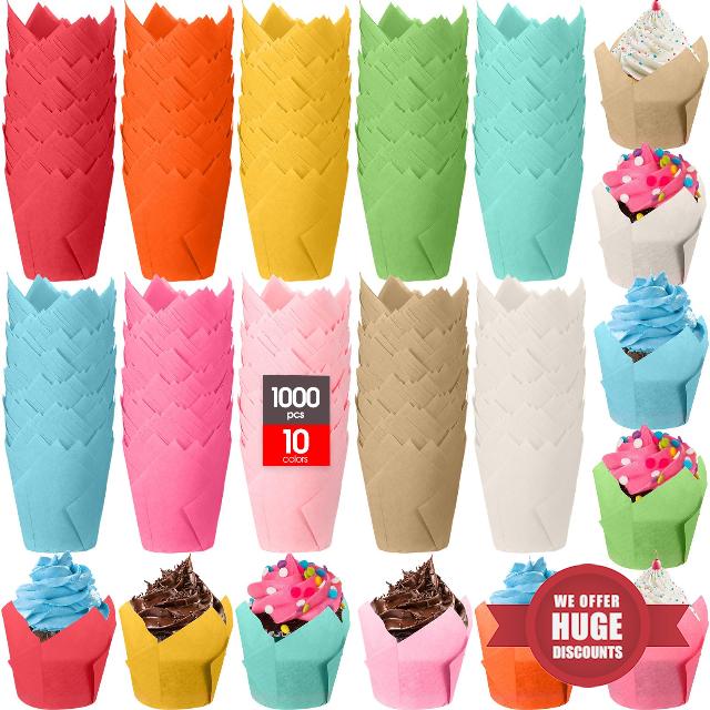 Lallisa 1000 Pcs Tulip Cupcake Liners 10 Assorted Color Muffin Liners for Baking Colorful Cupcake Wrappers Holders Greaseproof Cup Cake Paper Cup for Wedding Birthday Baby Shower Party Supplies