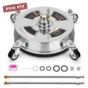 Surface Cleaner for Pressure Washer 14" | 4000PSI | 4 GPM | 300℉ | 1/4" Quick Plug | Stainless Steel Pressure Washer Attachment with 4 Wheels 2 Extra Wands & Nozzles for Gas/Electric Power Wash