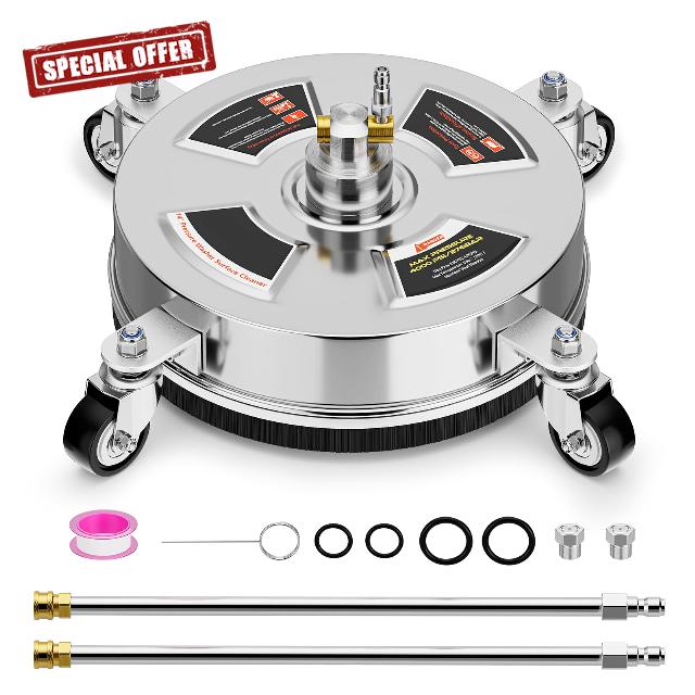 Surface Cleaner for Pressure Washer 14" | 4000PSI | 4 GPM | 300℉ | 1/4" Quick Plug | Stainless Steel Pressure Washer Attachment with 4 Wheels 2 Extra Wands & Nozzles for Gas/Electric Power Wash