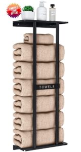 STWWO Towel Rack Wall Mounted Bath Towel Holder 76cm Black Bathroom Towel Holder with Shelf Large Bath Sheets Rolled Towels Storage for Small Bathroom Organizer
