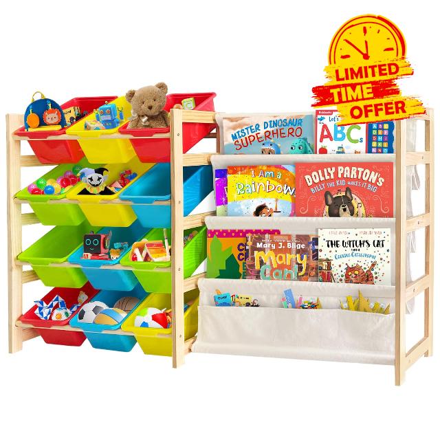 EXPERLAM Kids Toy Storage Organizer with Bookshelf - 12 Storage Bins 4-Tier Multipurpose Shelf to Organize Toys and Books for Kids Room