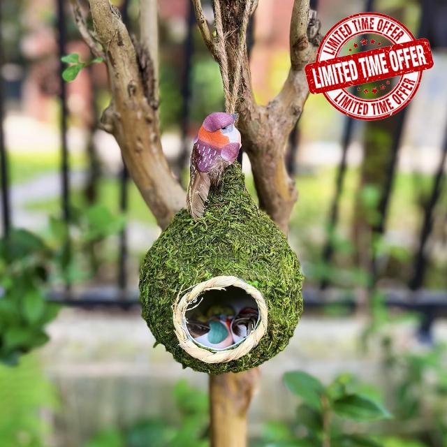 2 Pack Green Moss Birdhouse for Outside Garden Decoration Hanging Bird Hut Bird Nest Cozy Resting Place for Wild Birds