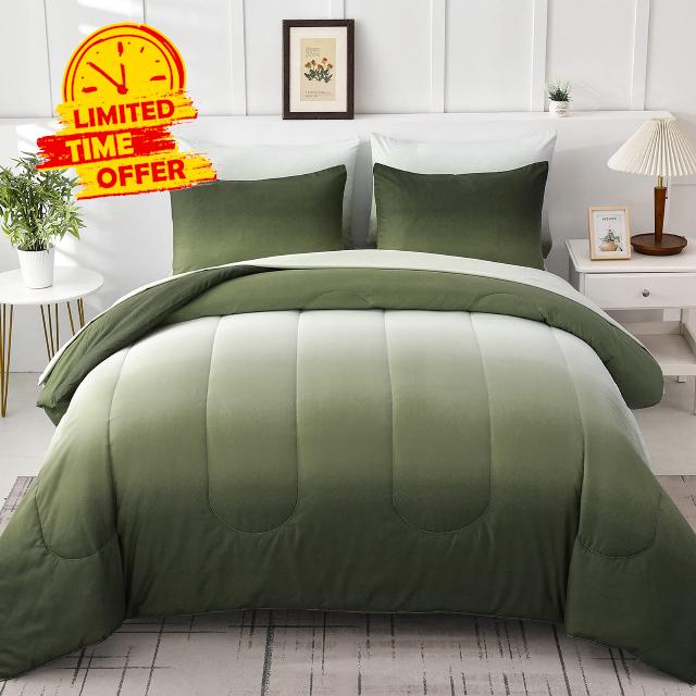 7 Pieces Green Comforter Set Queen - Lightweight Gradient Olive Green Bed in a Bag Queen Size Set
