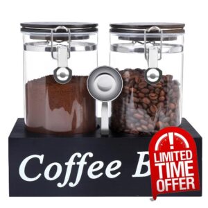 WYTAOHZL Glass Coffee Containers with Shelf 2x54oz Coffee Station Organizer Glass Coffee Bean Storage with Spoon Coffee Canister Set Jars with Airtight Locking Clamp Glass Coffee Canister for Coffee