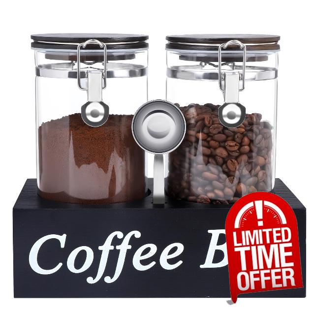 WYTAOHZL Glass Coffee Containers with Shelf 2x54oz Coffee Station Organizer Glass Coffee Bean Storage with Spoon Coffee Canister Set Jars with Airtight Locking Clamp Glass Coffee Canister for Coffee