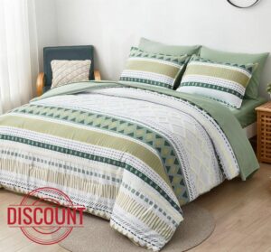 Boho Embroider Comforter Set Queen 7 Piece Bed in a Bag Green Striped Tufted Comforter and Sheet Set