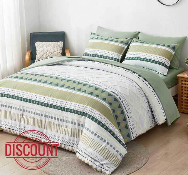 Boho Embroider Comforter Set Queen 7 Piece Bed in a Bag Green Striped Tufted Comforter and Sheet Set