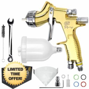 YUZES Professional GTI Pro Gold Paint Spray Gun 1.3mm Nozzle 600cc Cups with 10pcs Paint Strainers for Auto Paint Topcoat and Touch-Up