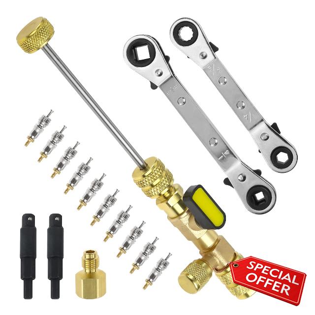 SURIEEN Valve Core Remover Installer Tool and HVAC Service Wrench Set with Hex Bit Adapters