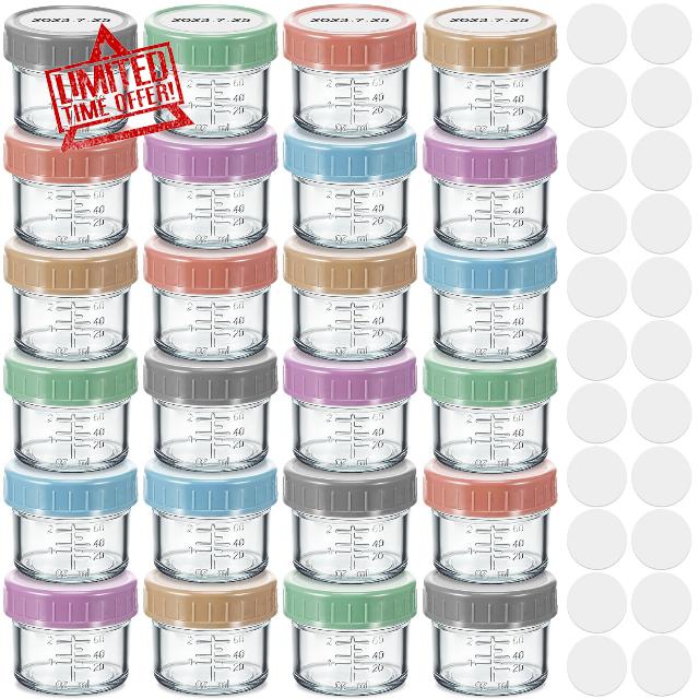 Dandat 48 Pack Glass Food Containers 4 oz Food Storage Containers Food Jars with Leakproof and Airtight Silicone Lids Microwave Dishwasher Freezer Safe with 100 Multiuse Label (Boho)