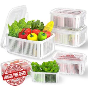 Large Fruit Containers for Fridge - 5pcs Leakproof Food Storage Containers with Removable Colander - Dishwasher & Microwave Safe Produce Containers Keep Fruits