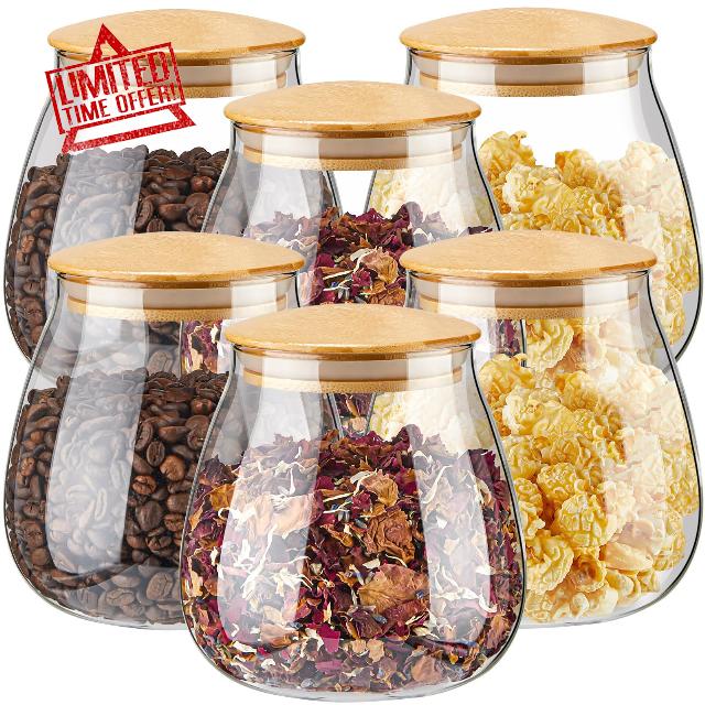 Lallisa 6 Pcs Round Glass Jar with Bamboo Lids Borosilicate Glass Storage Canister Holder with Airtight Lid Cute Decorative Coffee Bean Container for Kitchen Bar Sugar Food Cookie Condiment (30 oz)
