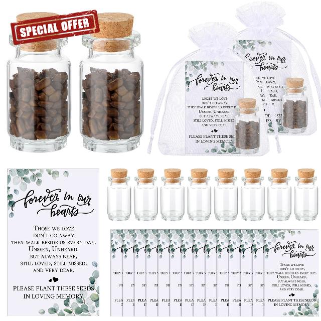 Tanlade 100 Sets Funeral Favors for Guests Include 100 Memorial Seeds Glass Bottles with Cork Stopper 100 Funeral Prayer Cards Memorial Cards 100 Organza Bags for Celebration of Life Loss of Loved One