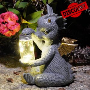 DiliComing Solar Dragon Garden Statue - Cute Dragon Baby Holding a Solar Jar