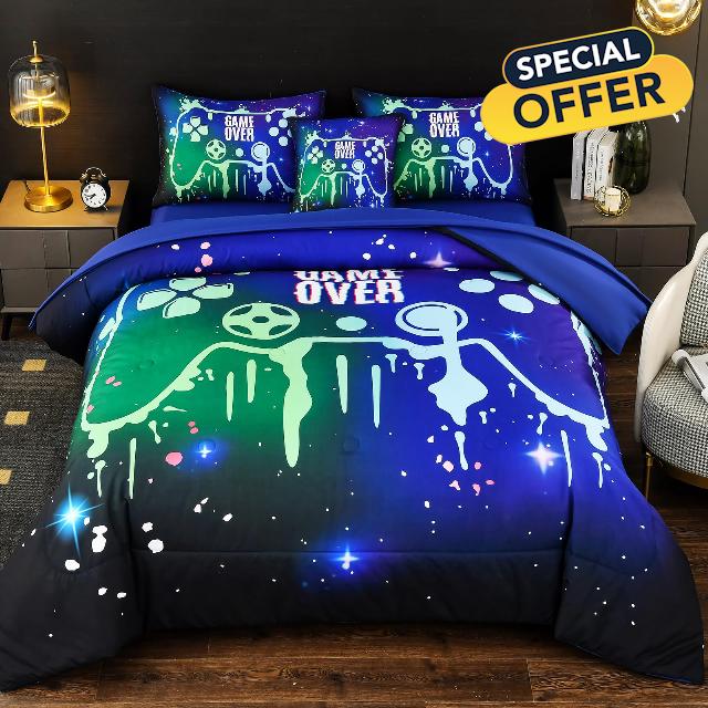 Blue Gamer Comforter Set with Sheets for Boys