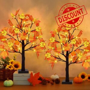 LEASEN 2Pack 24 Inch Lighted Fall Maple Tree Decor with 24 Lights Maple Acorn lampshade