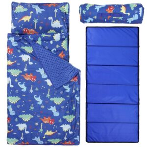 Kolewo4ever Kids Sleeping Set:1 Pieces Dinosaur Toddler Nap Mat with Pillow and Blanket and 1 Pieces Bule Folding Rest Mat for Boys Girls