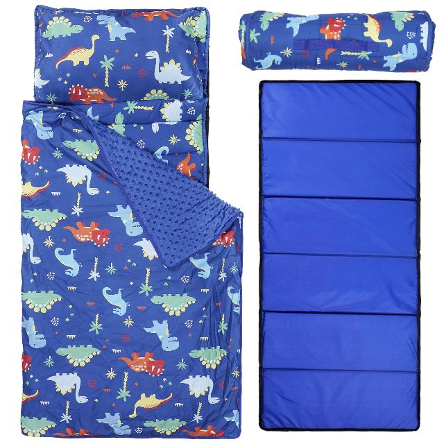 Kolewo4ever Kids Sleeping Set:1 Pieces Dinosaur Toddler Nap Mat with Pillow and Blanket and 1 Pieces Bule Folding Rest Mat for Boys Girls