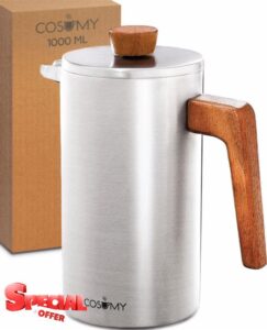 French Press 1L Stainless Steel and Sustainable Oak Wood - For 6 Cups - 2 Additional Filters - Double Wall Insulation