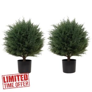 JoyPower Artificial Cedar Topiary Ball Tree 22''T Artificial Pine Tree Set of 2 Potted Bushes UV Resistant Potted Plants for Front Porch Home Garden Indoor Outdoor Decor