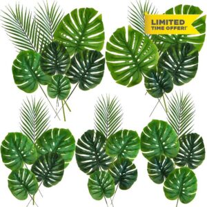 Winlyn 27 Pcs Assorted Faux Tropical Leaf Stems Set Decorative Real Touch Artificial Monstera and Palm Leaves Greenery for Jungle Hawaiian Luau Safari Beach Tiki Theme Party Summer Wedding Home D&eacute;cor