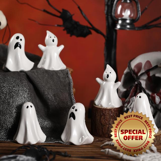 Domensi 6 Pcs Ghost Decor Ceramic White Ghost Figurines Ghost Statue Spooky Halloween Decor Scary Ghost Statue Decoration Cute Ghost Sculpture for Gift Props Home Tabletop Decorations