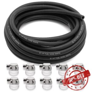 Jeemiter 1/4" Fuel Line Hose Push Lock NBR Rubber SAE 30R7 25FT 300PSI with 10 Clamps for Fuel Systems Engines Tube Hose