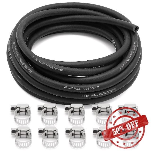 Jeemiter 1/4" Fuel Line Hose Push Lock NBR Rubber SAE 30R7 25FT 300PSI with 10 Clamps for Fuel Systems Engines Tube Hose