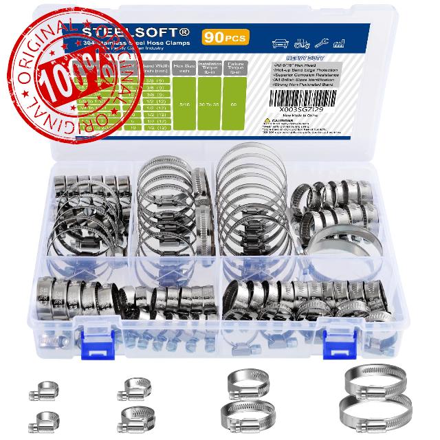 Steelsoft Heavy Duty Worm Gear Hose Clamp Assortment Kit 5/16 to 2-3/8"(8-60mm) Large Rack 90PCS