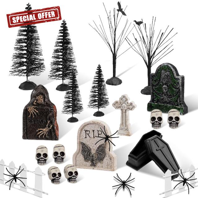Liliful 32 Pcs Halloween Village Accessories Ornaments Set Spooky Halloween Town Set Halloween Tombstones Skeleton Tiny Trees Fake Spiders Decor Halloween Village Set for Party Town Decorations
