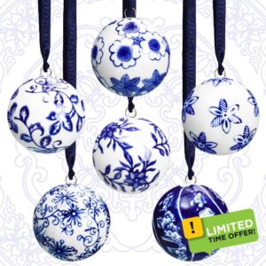 Cindeer Set of 6 Christmas Mini Porcelain Balls Ornament 2.4 Inch Porcelain Orbs Bulk Chinoiserie Porcelain Hanging Decorative Blue and White Ceramic Decor for Home Tree (Classic Style)