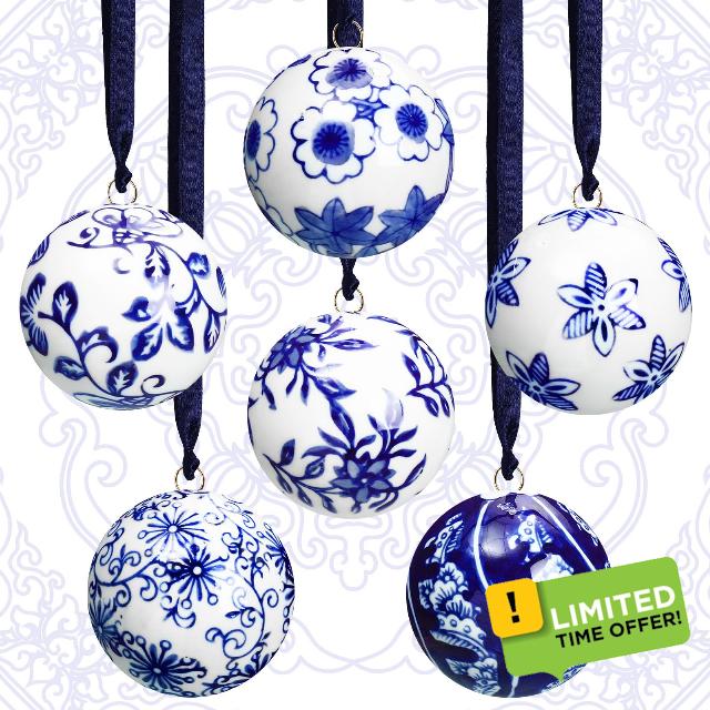 Cindeer Set of 6 Christmas Mini Porcelain Balls Ornament 2.4 Inch Porcelain Orbs Bulk Chinoiserie Porcelain Hanging Decorative Blue and White Ceramic Decor for Home Tree (Classic Style)