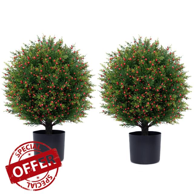 JoyPower Artificial Topiary Ball Tree Two 22''T Artificial Cedar Tree Artificial Pine Shrubs Tree Potted Bushes UV Resistant Potted Plants for Outdoor or Indoor