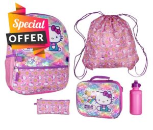 Hello Kitty Travel Backpack Neon Rainbows Magic Sequins 5 Piece Set Lunch Bag Cinch Bag Gadget Case Water Bottle