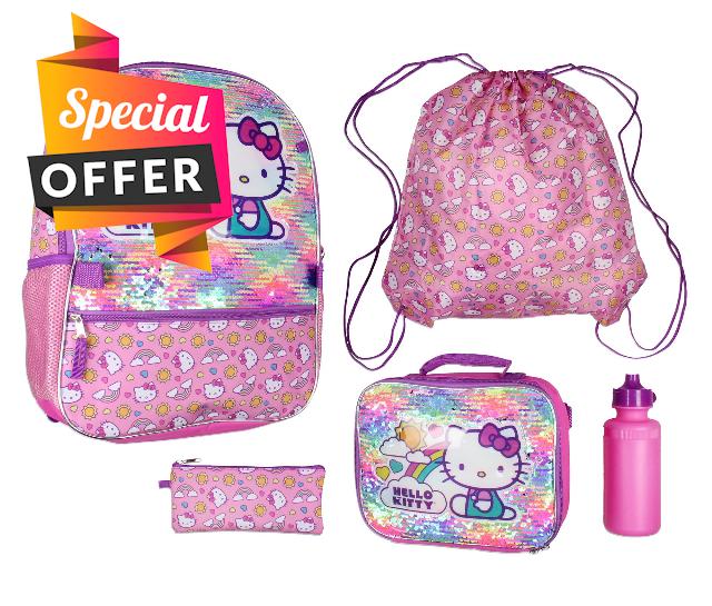 Hello Kitty Travel Backpack Neon Rainbows Magic Sequins 5 Piece Set Lunch Bag Cinch Bag Gadget Case Water Bottle
