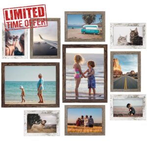 LIPHISFUN Picture Frames Collage Wall Decor 10 Pack Gallery Wall Frame Set with Multi Sizes 4x6 5x7 8x10 Photo Frames Collage for Wall or Tabletop Display in 3 Different Finishes - Brown