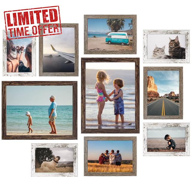 LIPHISFUN Picture Frames Collage Wall Decor 10 Pack Gallery Wall Frame Set with Multi Sizes 4x6 5x7 8x10 Photo Frames Collage for Wall or Tabletop Display in 3 Different Finishes - Brown