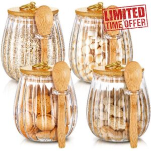 Pinkunn 4 Glass Stripe Jar 20.29 Fl oz Glass Overnight Oats Containers Decorative Jar with Lid Storage Candy Jar Coffee Nut Canister with Bamboo Lid and Spoon Small Airtight Jar for Coffee (Oval)