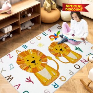 Abeigoi Kids Rug ABC Lion Playroom Mat 3x5Ft Boho Animal Boys Girls Bedroom Rug Nonslip Jungle Play Rug Colorful Floor Carpet Easy Washable Plush Safari Nursery Rug for Children Kids Room