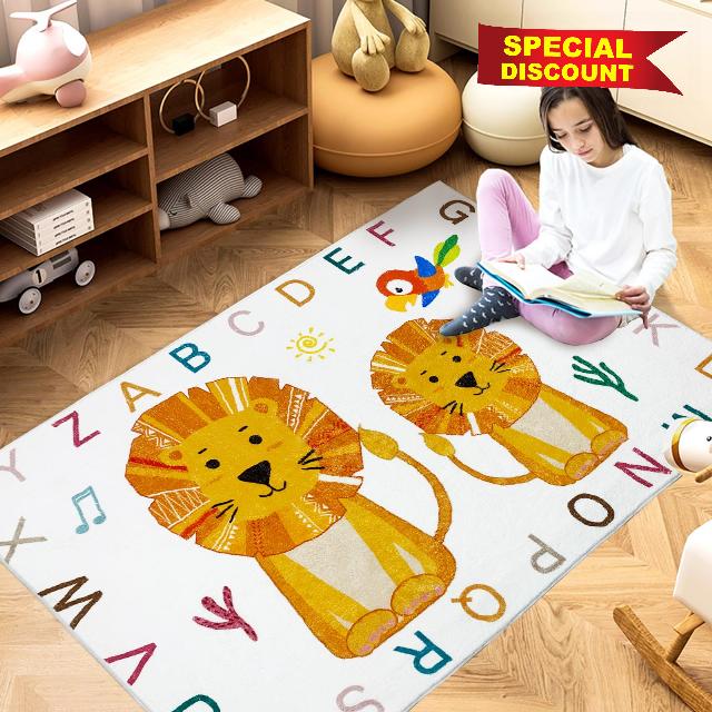 Abeigoi Kids Rug ABC Lion Playroom Mat 3x5Ft Boho Animal Boys Girls Bedroom Rug Nonslip Jungle Play Rug Colorful Floor Carpet Easy Washable Plush Safari Nursery Rug for Children Kids Room