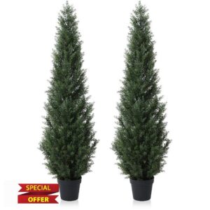 Laiwot 5FT Artificial Cedar Topiary Trees for Outdoors Potted Fake Cypress Trees Faux Evergreen Plants for Home Porch Decor Set of 2