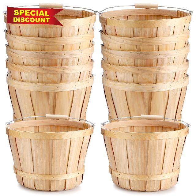 12 Pack 11 x 6.7'' Large Round Wooden Baskets with Handles