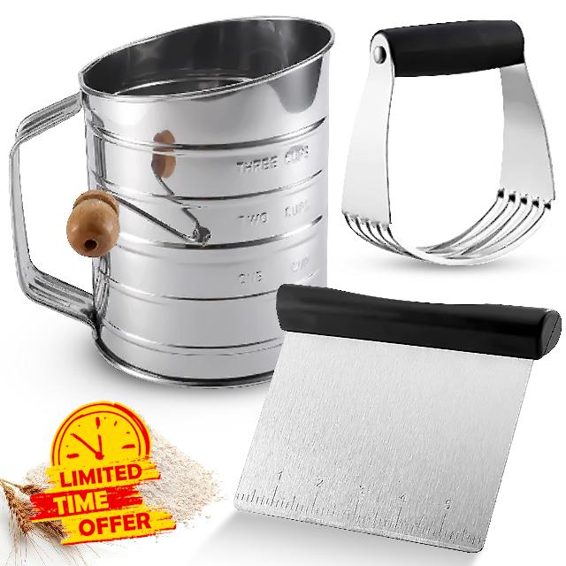 CoeurDen - Flour Sifter for baking - Sifter Powdered Sugar - 3 Cups flour Sifter Stainless Steel Dough Blender And Pastry Cutter - Baking tools - Kitchen gadgets - Flour shaker (3 Pcs)