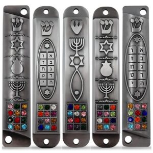 TALISMAN4U Set of 5 Pewter Mezuzah Case with Scroll for Door 3D Menorah Star of David Ten Commandments 12 Tribes of Israel Messianic Seal Jewish Mezuzah Set Judaica Gift 10 cm / 4 inch