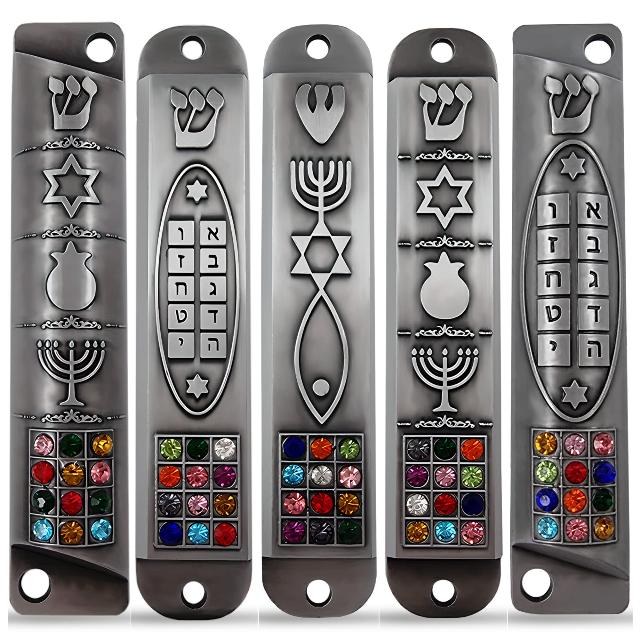 TALISMAN4U Set of 5 Pewter Mezuzah Case with Scroll for Door 3D Menorah Star of David Ten Commandments 12 Tribes of Israel Messianic Seal Jewish Mezuzah Set Judaica Gift 10 cm / 4 inch